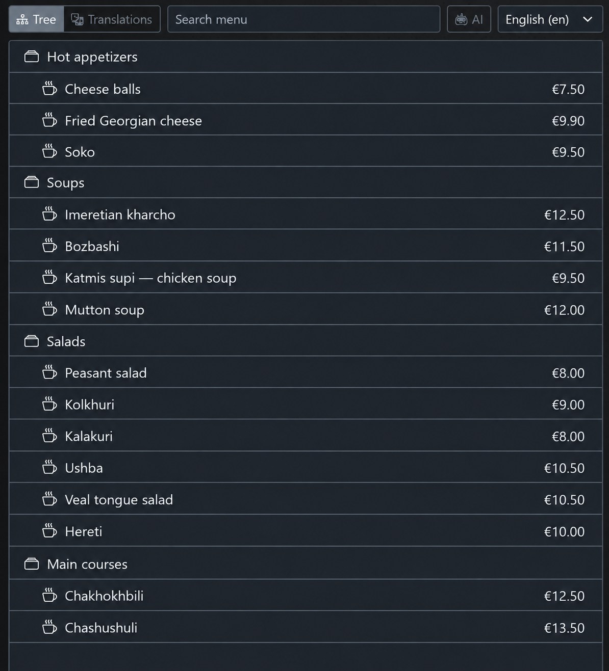 Restaurant menu editor with dishes and prices in tablepass